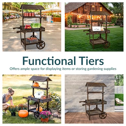 Sunnydaze Country Market Flower Cart Display Stand with Wheels - 2 Shelves - Fir Wood - 30 lb Weight Capacity - Charred Fir - color: Charred Fir