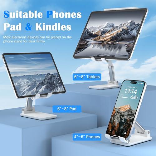 Cell Phone Stand, Adjustable Angle and Height Cell Phone Holder for Desk, Foldable and Portable, Anti-Slip Silicone Pad, Compatible with All Mobile Phones and 4-8 Inch Devices, White - color: White