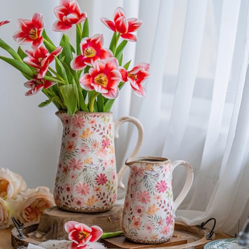 Retro Rustic Large Ceramic Vase with Handle, Distressed Farmhouse Pitcher for Home, Ideal Shelf Decor, Colorful Daisy Floral Vase for Living Room Bedroom Office Table Centerpiece Decorations 9 Inch - color: Colorful Daisy, size: Large Pitcher