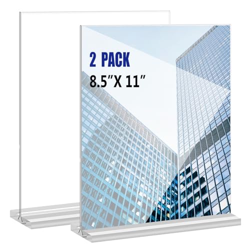 KOOLDE Acrylic Sign Holder 8.5x11 Inches 2 Pack T Shape Desktop Display Stand Vertical Double Sided Clear Table Menu Flyer Holder for Restaurants, Office, Shop, Wedding - color: 2 pack