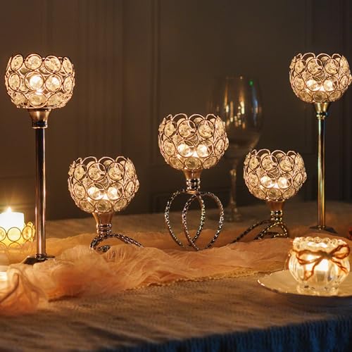 Silver 5 Arm Metal Crystal Tea Light Candle Holder, Elegant Wedding Table Centerpiece Candle Holder, Christmas Wishing Crystal Bowl Candle Holder Suitable for Wedding Party Living Room Decoration - color: Silver, size: Set of 3