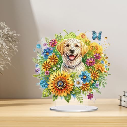 5D Tabletop Diamond Art Painting Kit Ornament, Stand Up Special Shaped Crystal Diamond Art Desktop Kits for Adults Craft Gift - Flower Puppy (Yellow) - color: Flower Puppy (Yellow)