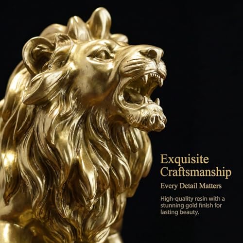 Gold Lion Statue for Home Decor - 8.7" Modern Resin Climbing Lion Sculpture - Luxury Office Desk Accessories & Motivational Gifts for Men (Polished Gold Finish)