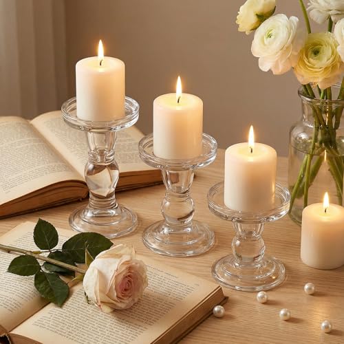 Okllen Set of 6 Glass Candle Holders, Clear Pillar Taper Candlestick Crystal Tealight Candle Holder Stand for Dinner Table, Wedding Centerpieces, Living Room, Home Decor