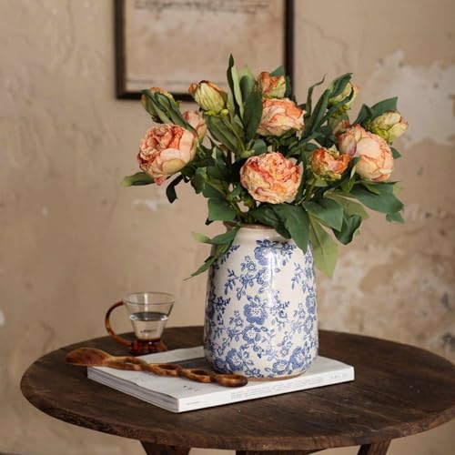 Ronasip Vintage Blue and White Chinoiserie Ceramic Vase, 6.9” Hand-Painted Peony Floral Design, Antique Style Vases for Home Decor, Centerpieces, Living Room, Balcony (Blue and White) - color: Blue and White