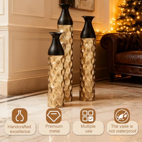 Floor Vases, Tall Home Decor Metal Vase Set of 3 Large Glazed Decorative Vases for Wedding Decor, Elegant Modern Flower Holder for Living Room, Entryway, Hallway, Dining Room - color: Hexagon Black Gold