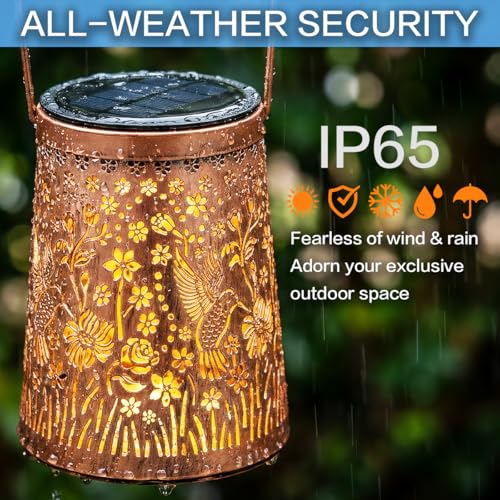 LeiDrail Hummingbird Solar Lanterns Outdoor 2 Pack, Hanging Waterproof Vintage Metal Lantern, Auto On/Off Garden Patio Yard Porch Pathway Decor, Warm White LED, Gifts for Women Mom Grandma - color: Hummingbird