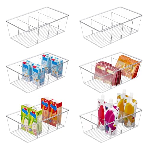 Vtopmart 6 Pack Food Storage Organizer Bins, Clear Plastic Bins for Pantry, Kitchen, Fridge, Cabinet Organization and Storage, 4 Compartment Holder Packets, Snacks, Pouches, Spice Packets - style: 6pack