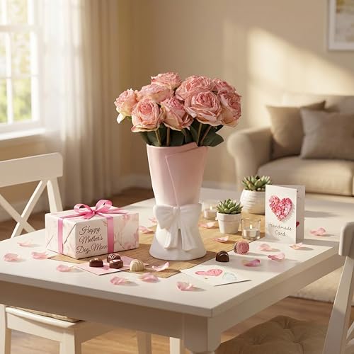 Relexome Pink White Ceramic Bow Vase 9.64 in Unique Cute Modern Decorative Bouquet Flower Vases for Home Living Room Table Decor - color: Pink White