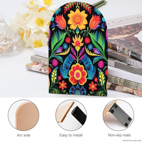2 PCS Wood Book Ends,Mexican Style Colorful Striped Flower Bookends for Shelves Non Skid Book Ends for Office Home Kitchen, Bookends for Holiding Books 5x3 Inch