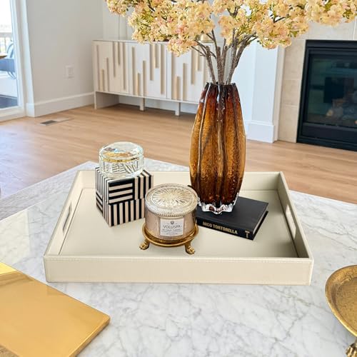 HofferRuffer Rectangle Serving Tray with Hole Handles for Coffee Table, Breakfast, Tea, Food, Butler - Countertop, Kitchen, Vanity Serve Tray, 16.2 x 12.2 x 2 inches, Faux Leather (Dark CreamWhite) - color: Dark Creamwhite, size: 16.2" x 12.2" x 2"