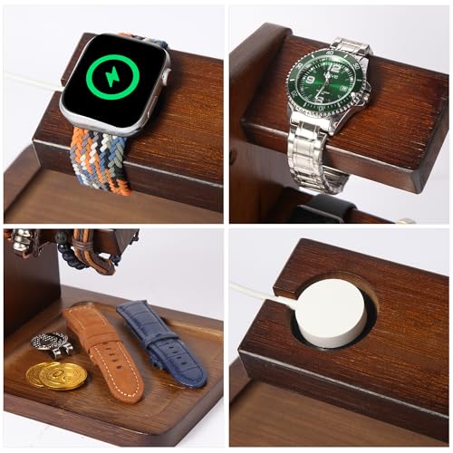 Watch Stand for Men, Watch Display Stand with Charger Groove, Wooden Watch Holder Stand, Jewelry Holder Organizer for Rings, Jewelry, Coins Bracelets, Great Gifts for Men Women, Brown - color: Brown