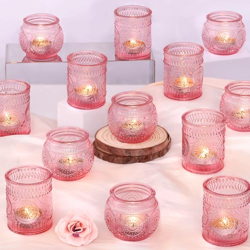 DARJEN 24Pcs Pink Votive Candle Holders- Glass Candle Holders Bulk for Flameless LED Tea Waxes, Romantic Candle Holder for Wedding Decor, Various Parties & Dinner Table - color: Pink