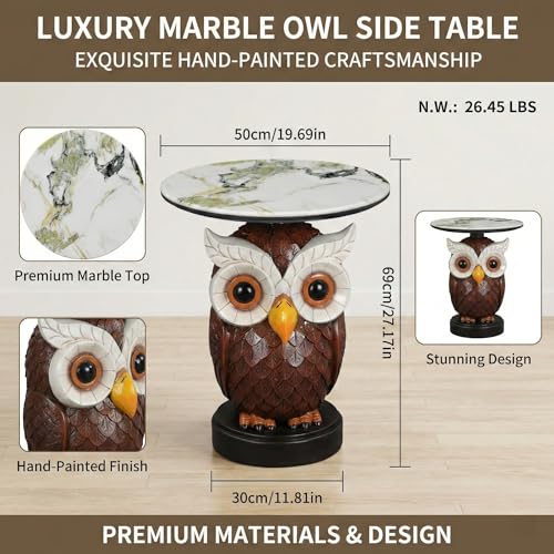 Owl Side Table - End Table with Faux Marble Top Unique Owl Statue Decor for Living Room Bedroom Entryway Elegant Animal Sculpture Modern Classical Decoration, Realistic - color: Owl Base