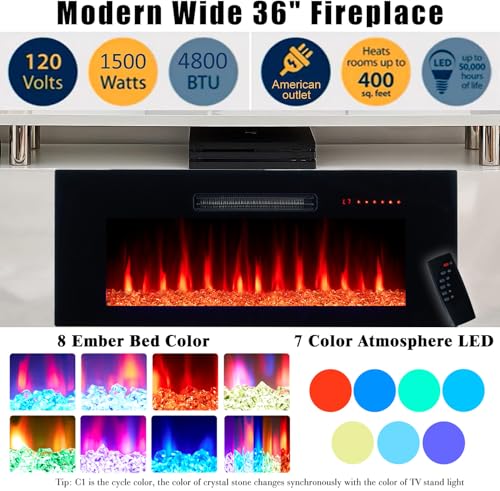 AMERLIFE Fireplace TV Stand with 36" Fireplace, 70" Modern Fireplace Entertainment Center LED Lights, 2 Tier TV Console Cabinet for TVs Up to 80", Ivory White - color: White & Black, size: 70"