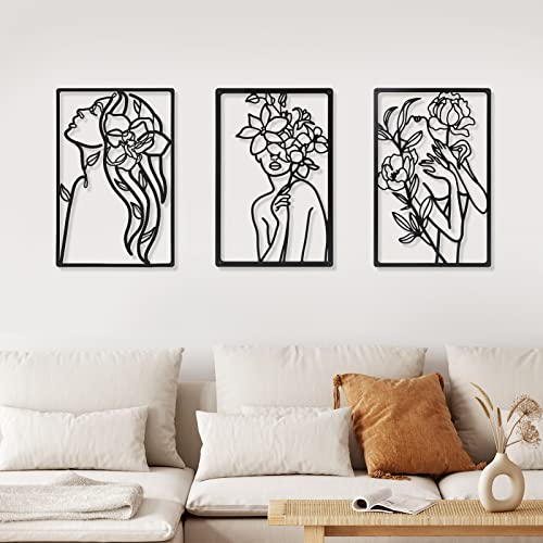 CHENGU 3 Pieces Metal Minimalist Abstract Woman Wall Art Line Drawing Wall Art Decor Single Line Female Home Hanging for Kitchen Bathroom Living Room - style: Floral Style