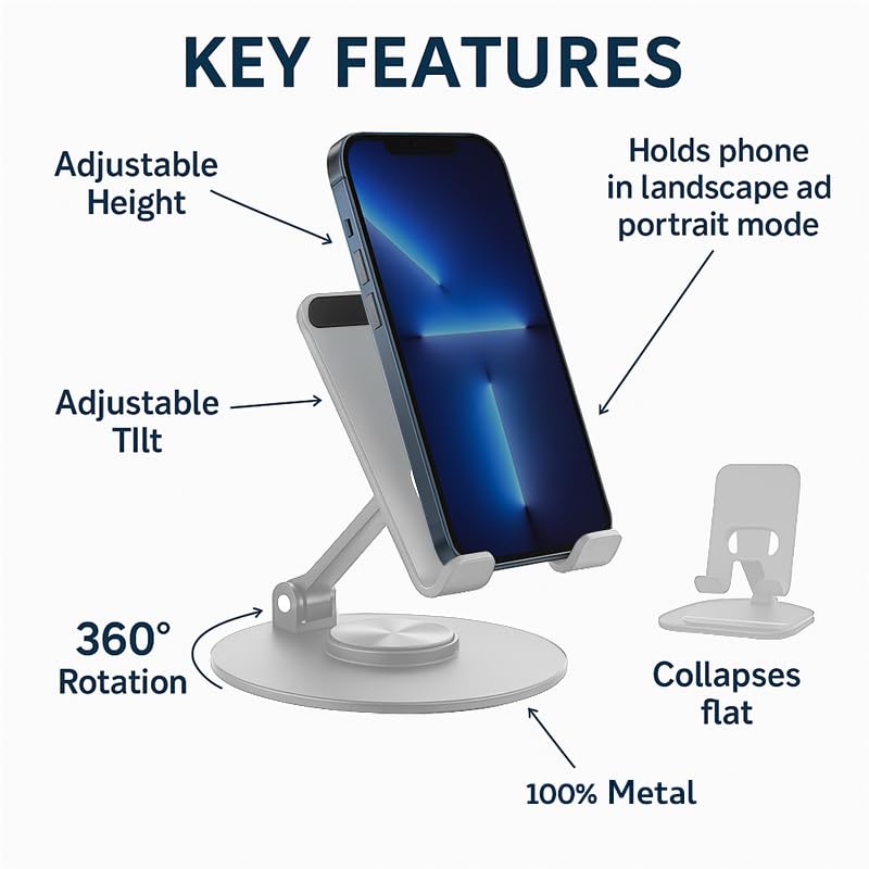 Uncaged Ergonomics 360° Swivel Rotating Adjustable Phone Stand for Desk, Portable & Foldable Cell Phone Stand for Desk, Compact Mobile Stand for Tabletop, Office, Kitchen & Bedroom (Silver) - color: Silver