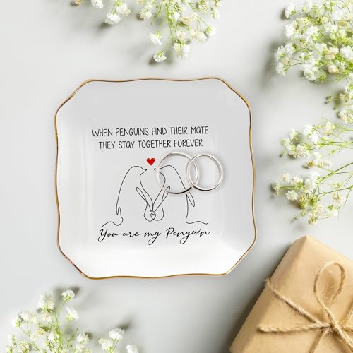 OASSIE Anniversary Couple Gifts for Her - You Are My Penguin, 4x4 Ceramic Jewelry Dish Tray - Romantic Anniversary Wedding Engagement Birthday Gifts for Women Girlfriend Wife, I Love You Gift for Her - color: White - My Penguin