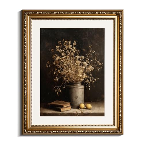 InSimSea Gold Picture Framed Wall Art, Living Room Vintage Dried Flowers Vase Wall Decor, Dark Moody Still Life Canvas Print Art, Home Farmhouse Decor, Antique Paintings with Frame 13x16inch - color: Gypsophila, size: 16"L x 13"W