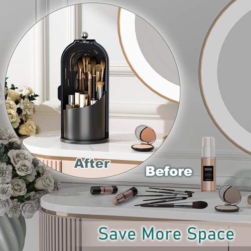 GAXmi Makeup Brush Holder with Lid Cosmetic Tools Organizer 360 Rotating Waterproof Dustproof Beauty Brushes Storage for Vanity, Dark Black - color: Dark Black