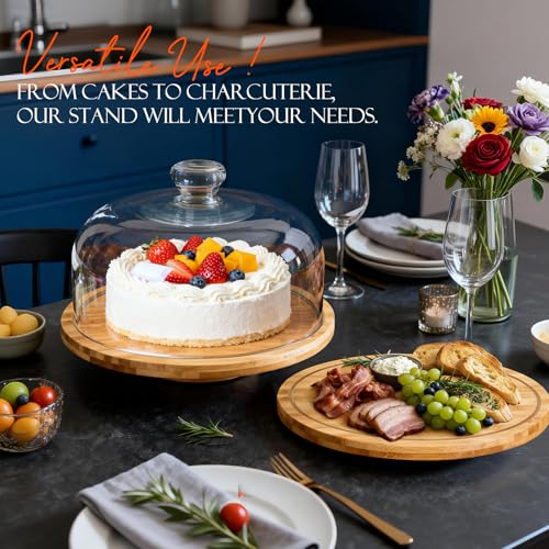 Masthome 11 IN Cake Stand with Lid, Bamboo Wood Rotating Cake Holder with Dome, BPA Free Cake Dish with Cover, Cake Plate with Cover for Birthday/Kitchen/Party/Weddings - color: Rotating Bamboo Cake Stand With Dome