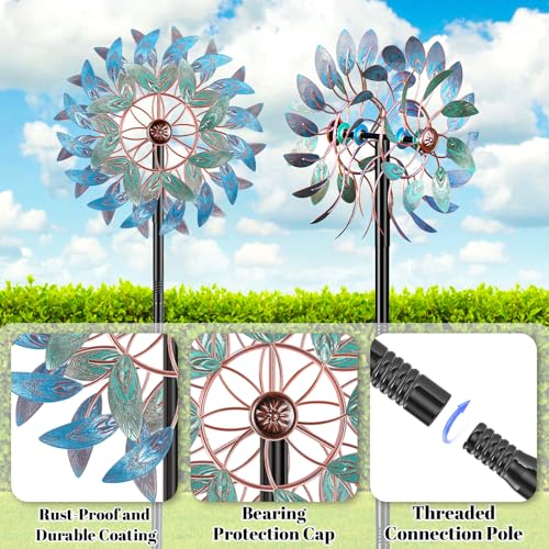 66 Inch Metal Outdoor Wind Spinner, 2-Way Wind Sculpture Spinner with Metal Stake, Waterproof 360 Degrees Kinetic Windmill Art Decoration for Patio Garden Lawn (A- Vintage Blue) - color: A- Vintage Blue