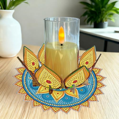 DIY Diamond Art Painting Candlestick Holders 5.71in Mandala Flower Shape Desk Candle Tray Tabletop Ornaments for Wedding Ramadan Party Home Table Centerpiece-Mandala09 - color: Mandala09