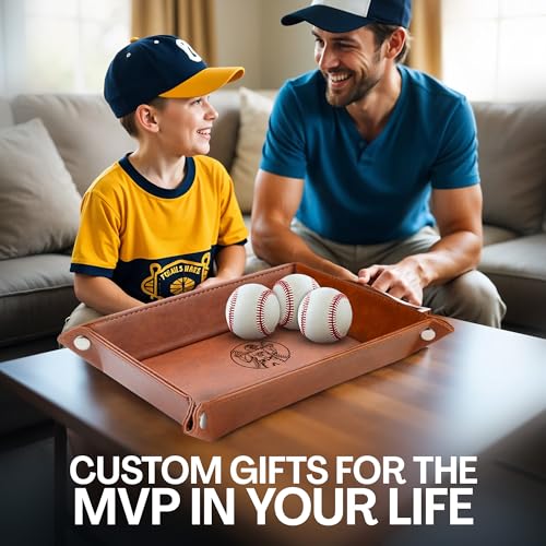 Personalized Baseball Leather Valet Tray with Engraved Name – Custom Nightstand Organizer for Men, Perfect Dad Birthday Gift Idea for Husband, Boyfriend or Father’s Day - style: Baseball