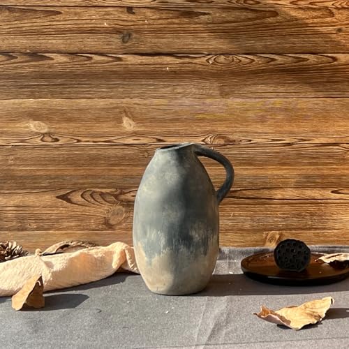 Ceramic Rustic Farmhouse Vase with Handle, 10.3 Inch Large Vintage Vase for Home Decor, Handmade Ceramic Flower Vases for Living Room, Kitchen, Office Farmhouse Centerpiece, Black - color: Black