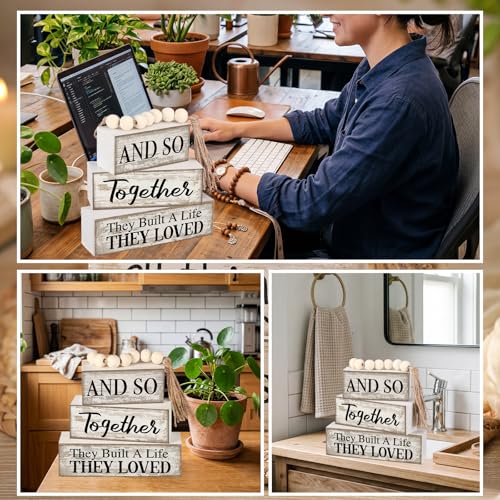 4 Pcs Farmhouse Home Decoration Wooden Tabletop and So Together They Built a Life They Loved Decor Motivational Tiered Tray Decor Rustic Block Sign Retro Bead Garland Table Centerpiece for Shelf Desk - style: and So Together