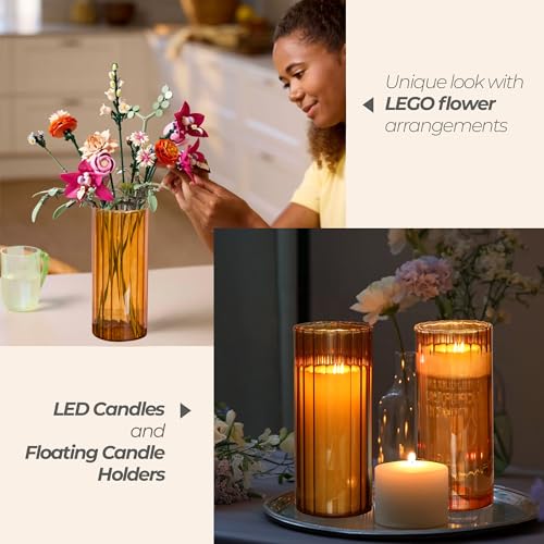 ComSaf Glass Cylinder Vases, Bud Vase for Centerpieces, 8 Inch Tall Ribbed Vase Hurricane Floating Candle Holder, Decorative Flower Vases for Wedding Reception, Home Decor, Housewarming Gift (Amber) - color: Amber