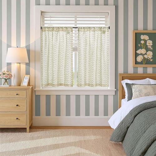 jinchan Boho Linen Blend Kitchen Curtains 36 Inch Length Herringbone Printed Tier Curtains for Small Windows Bathroom Cafe Laundry Room Set of 2 Rod Pocket Green on Linen - color: Arrow | Green on Linen, size: 26"W x 36"L (Pack of 2)