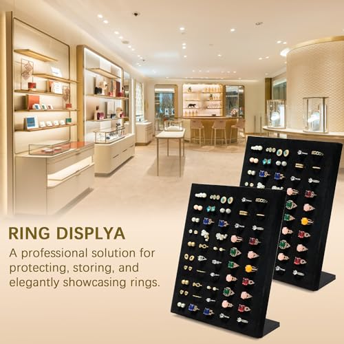 Homeanda Ring Display Stand with Velvet Lining, 2 Pcs L-Shaped Jewelry Organizer with Individual Slots, Sturdy Non-Slip Base for Retail Display, Home Storage & Photography (8" x 4" x 9.6") - style: 2 PCS
