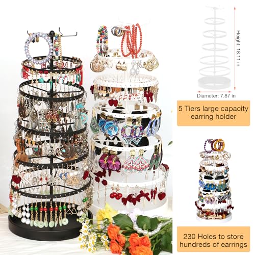 17Dec 6 Tier Rotating Jewelry Organizer Stand, 230 Holes Earring Holder Organizer for Women Girls, Spinning Earring Tree with Ring Holder, Wide Base for Bracelets Watches Lipstick - color: 6-Tier Earring Tower,White