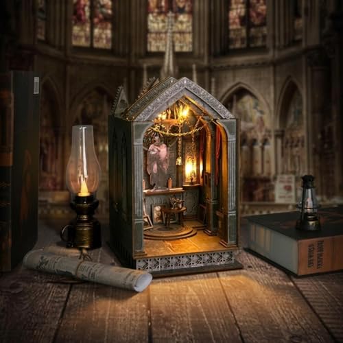 Book Nook DIY Gothic Miniature Kit, Wooden Rolife Miniature Kit with 3D Structure and Bookend Design for Adults, DIY Miniature House Kit for Bookshelf Decor and Gift