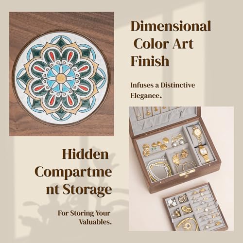 KINTNESS Black Walnut Wooden Jewelry Box with Lock - Jewelry Organizer for Women with Dimensional Color Art Finish, Jewelry Safe with Key for Bracelet, Necklace - style: Dimensional Color Art Finish-Small