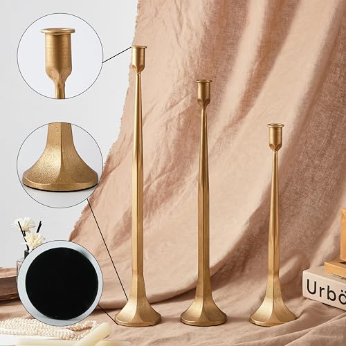 Denique Iron Taper Candle Holder Set of 3, Gold Candlestick Holders 19.3”17” 14” Heightening Decorative Candle Stand Set for Wedding, Dining Table, Home Decoration (Gold) - color: Gold, size: 14”,17”,19.3”