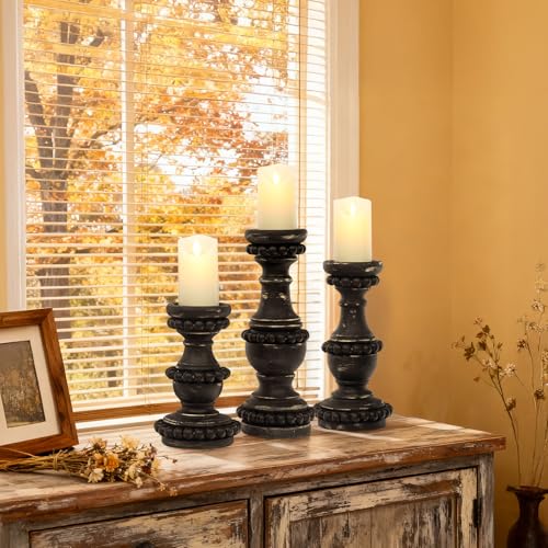 Set of 3 Large Candle Holders for Pillar Candles, Farmhouse Wood Candle Holder, Vintage Wooden Beaded Candlestick Holders for Table Centerpieces, Fireplace Mantel Decor (Black) - color: Black