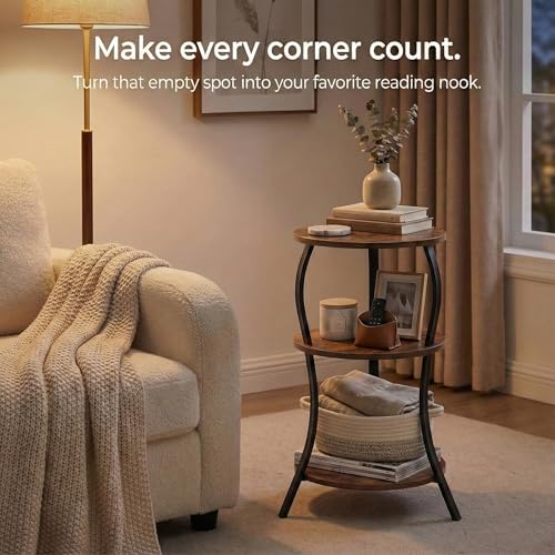 Vintage Small Round Side Table, 3-Tier Slim Waist Circular End Table with Storage Shelf, Compact Tea Sofa Table, Round Corner Coffee Table Nightstand for Living Room Bedroom Small Spaces,Rustic Brown - color: Rustic Brown, style: Classic
