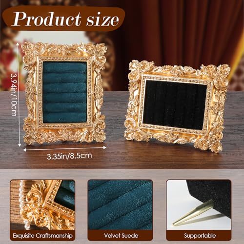 Vintage Ring Holder Rectangle Gold Velvet Display Stand - Baroque Jewelry Organizer Box Tray for Wedding Engagement Anniversary Women Birthday Christmas Gift Photograph Prop (MPF05-Gold Blue) - color: MPF05-Gold Blue