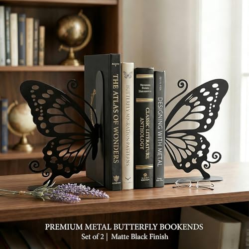 Metal Butterfly Bookends Cute Book Ends for Home Office Decor Bookshelf Decor Accessories Ideal Gift for Book Lovers(Black)