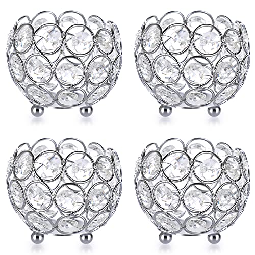 OwnMy Set of 4 Crystal Bowl Tealight Holders Small Round Votive Candle Holders, Silver Crystal Tea Light Candle Lanterns Candle Stands for Dining Table Centerpieces Wedding Decors - color: Silver