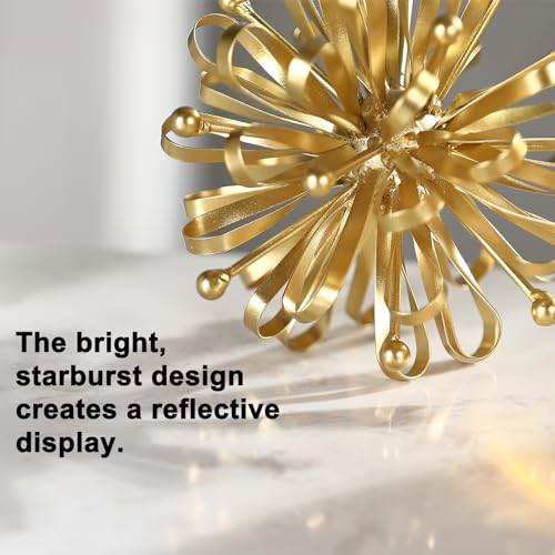 6.7" Decorative Metal Starburst Tabletop Shelf Sculpture Accent, Gold Modern Table Decor, Looped Ribbon & Beads Edges Detailed