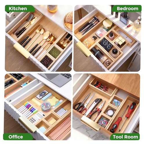 Bamboo Drawer Organizer Set, 14 PCS Multi-Use Individual Wood Storage Organizers, Junk Drawer Divider and Storage Trays Containers for Kitchen, Bathroom, Office Desk, Makeup, Jewelry, Utensils - size: 14