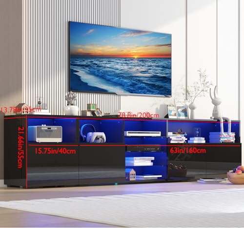 jiteentarou 79IN LED TV Stand for 75/80/85inch TV,High Glossy Modern TV Stand for Living Room,TV Entertainment Center with Adjustable Storage Shelf,RGB LED Lighting,TV Console(Black) - color: Black