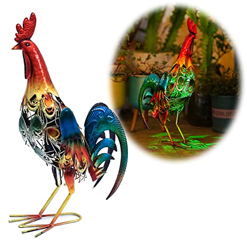 19 Inch Solar Rooster Statue, Metal Yard Art with Colorful Lights for Garden Lawn Outdoor Decoration Gifts - style: Roosters