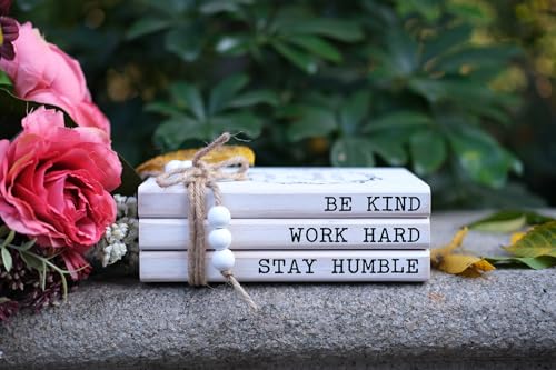 LIVDUCOT Wooden Decorative Books for Home Decor, White Faux Books for Rustic Decoration, Farmhouse Stacked Book Decor for Living Room, Entryway, Bookshelf （Be Kind Work Hard Stay Humble） - color: Be Kind
