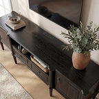 STO'SENSE 63" Pre-Assembled Tv Stand w/Power Outlet, Solid Wood Grain TV Consoles w/2 Cabinets & 2 Drawers, Mid Century Modern Entertainment Center for Living Room, Fits TVs up to 75", Black Oak - color: Black Oak