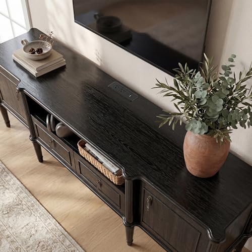 STO'SENSE 63" Pre-Assembled Tv Stand w/Power Outlet, Solid Wood Grain TV Consoles w/2 Cabinets & 2 Drawers, Mid Century Modern Entertainment Center for Living Room, Fits TVs up to 75", Black Oak - color: Black Oak