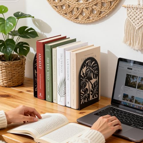 HappyHapi Decorative Bookends, Metal Book Ends for Shelves, 1 Pair Book Holder for Heavy Books, Boho Style Ends for Home Office Library, 4.61X 3.54 X 7 Inch